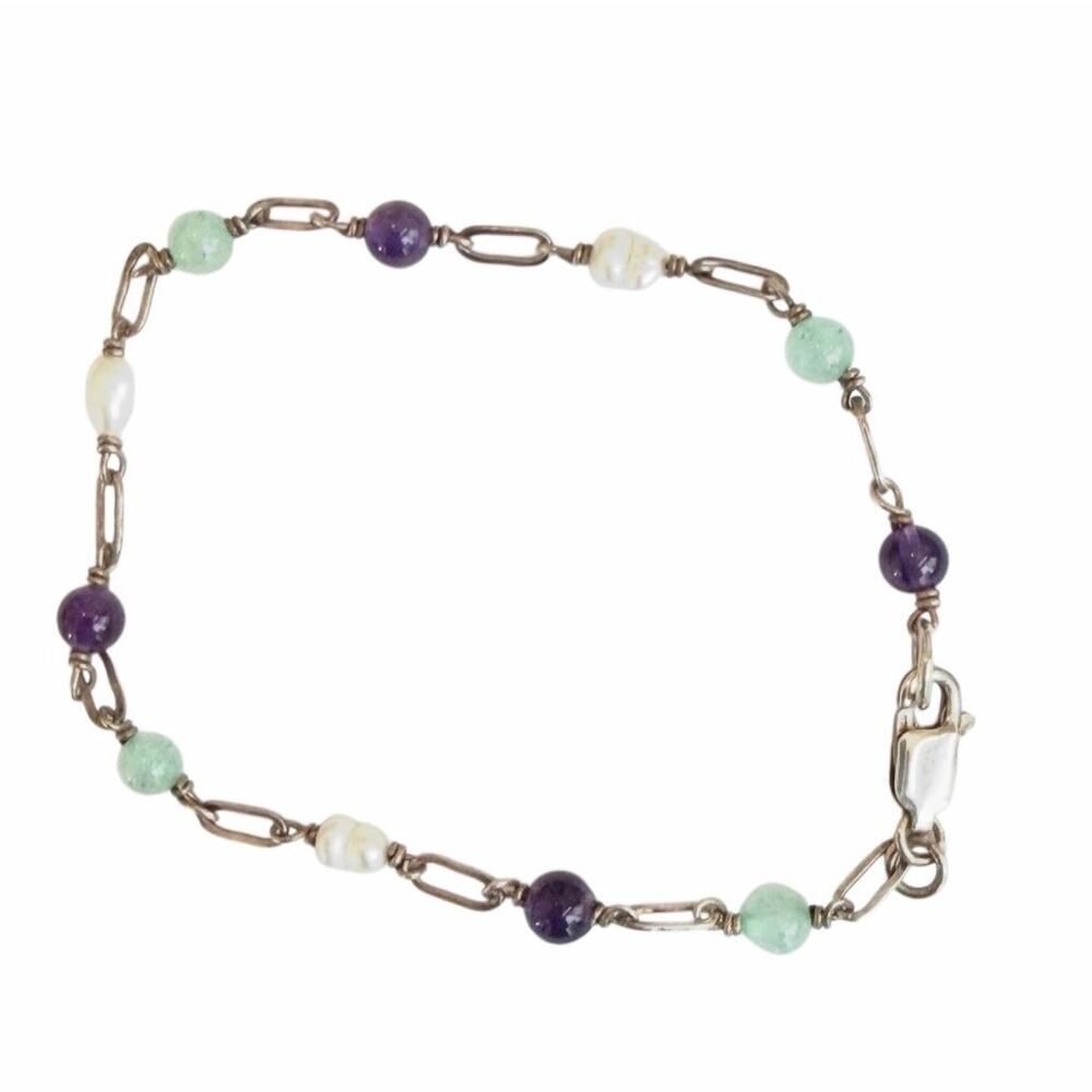 Sterling Silver Amethyst Aquamarine Freshwater Pearl Link Bracelet - Picture 2 of 9